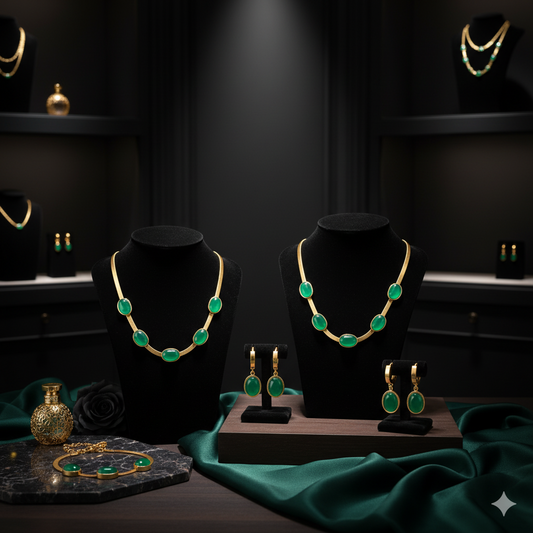 طقم مجوهرات الزمرد الأخضر الفاخر ثلاث قطع