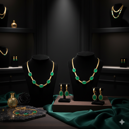 طقم مجوهرات الزمرد الأخضر الفاخر ثلاث قطع
